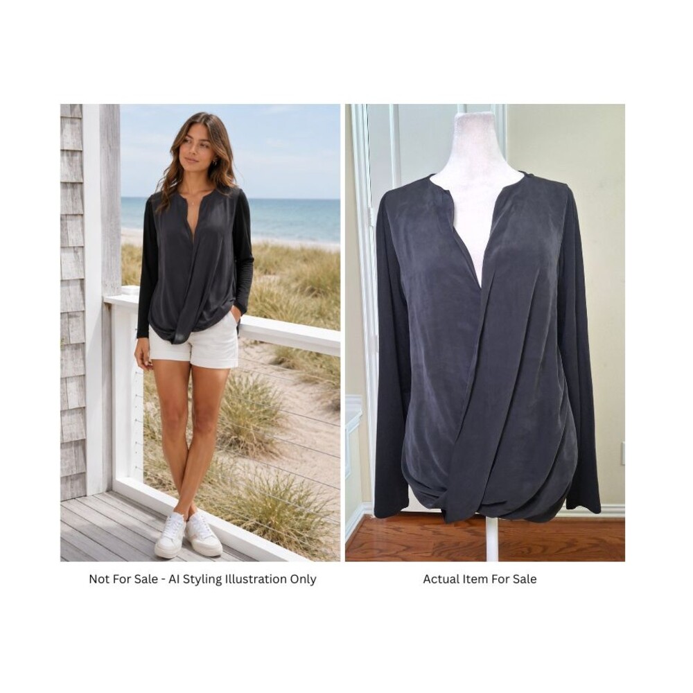 THEORY Blouse Top Gray Black Women L Silk Modal Long Sleeve Faux Wrap Draped